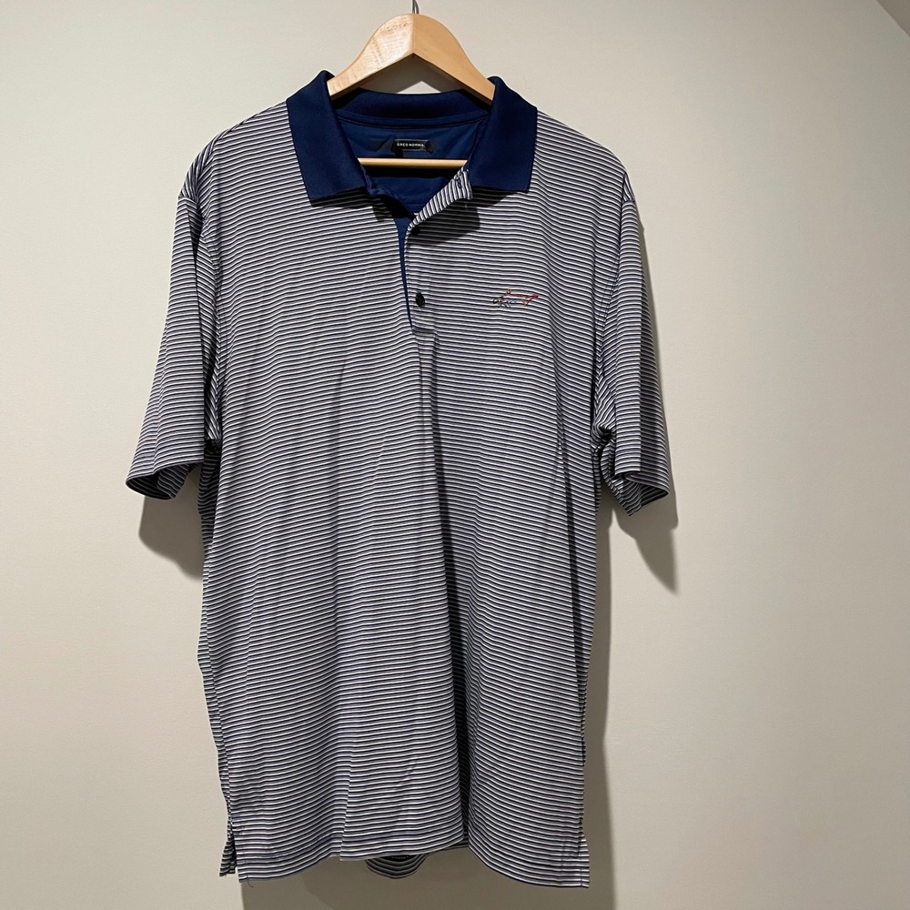 Greg Norman Polo Shirt‎ Mens Striped Golf Short Sleeve Blue Shark Logo